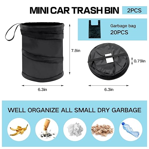 2 Pcs 1 Gallon Collapsible Car Trash Can with 20 Garbage Bags | Foldable Hanging Mini Automotive Garbage Bin | Waterproof Leakproof Pop-Up Vehicle Rubbish Organizer
