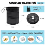2 Pcs 1 Gallon Collapsible Car Trash Can with 20 Garbage Bags | Foldable Hanging Mini Automotive Garbage Bin | Waterproof Leakproof Pop-Up Vehicle Rubbish Organizer