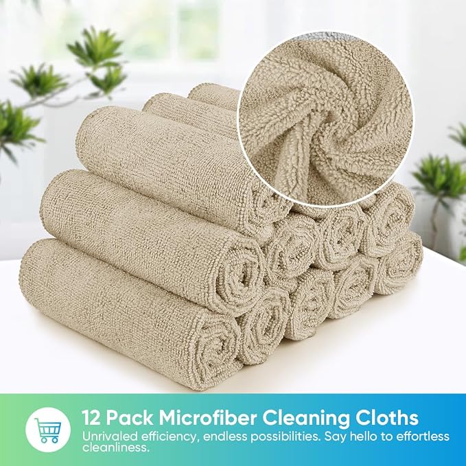 Brown Microfiber Cleaning Cloth, 12 Pack Premium Microfiber Towels for Cars, Lint Free, Scratch-Free, Highly Absorbent, Reusable Cleaning Rags for Car, Household, Kitchen, Window, 11.5"X11.5"
