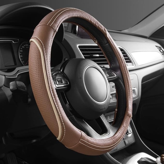 Brown Delux Leather Steering Wheel Cover, Universal Fit for Suvs,Sedans,Vans,Small Trucks for 14.5" to 15"(Brown & Beige Piping)