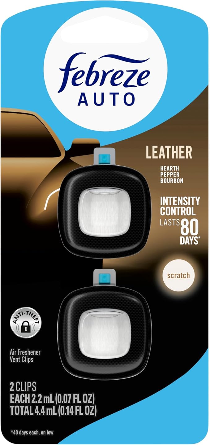 AUTO Air Freshener, Odor-Fighting Automotive Vent Clip, Scented Car Accessories, Long Lasting for Strong Odors, Leather, 2 Count