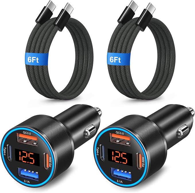 Car Charger USB C Fast Charge, 2 Pack 65W 4-Port Dual 12V USB-C & USB-A Car Phone Charger Super Fast Charging Cigarette Lighter Adapter for Samsung S26/S25/S24/S23, Pixel, Android +60W Type C Cable