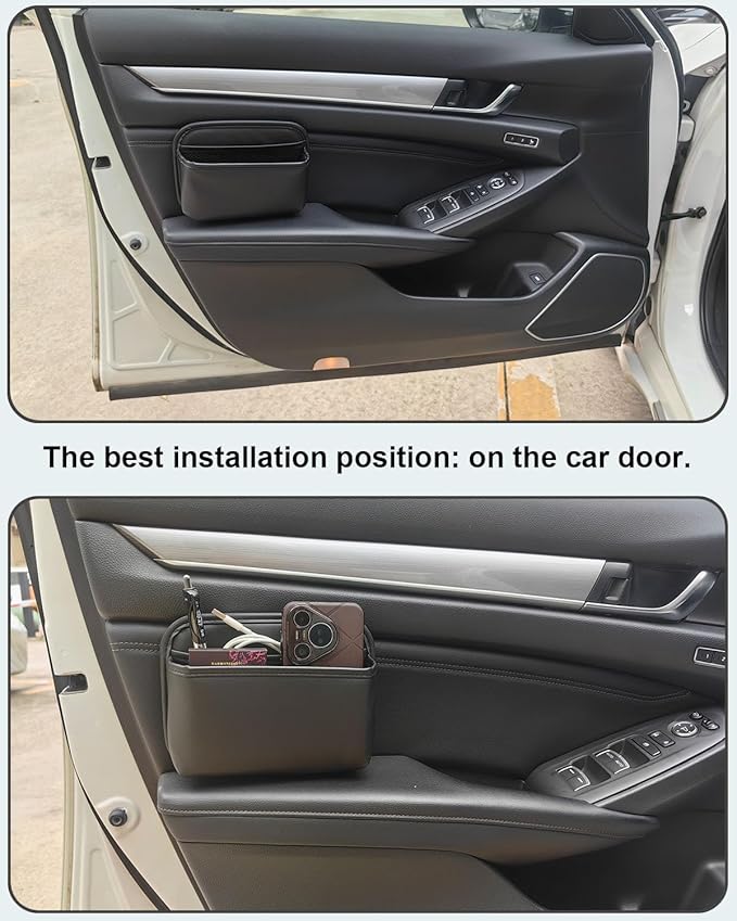 Driver's Car Storage Bag, Small Car Side Pocket Organizer for Car Seats, Doors and Consoles, PU Leather, (Black)