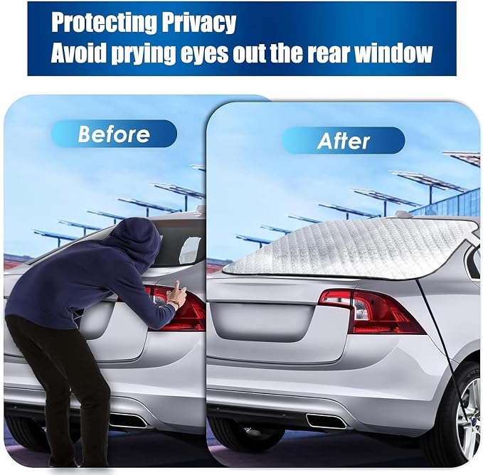 Car Rear Windshield Cover, 4-Layer Waterproof Back Window Protector for Ice and Snow Sun UV Rays Dust, Winter Hail Frost Shield, with Windproof Strap - Fits Most Sedans, SUV | Medium