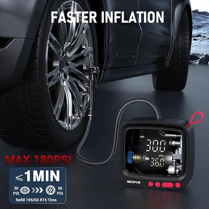 Tire Inflator Portable Air Compressor - Air Pump for Car Tires with 12V DC Power Adapter, 180PSI Electric Tire Pump with Digital Pressure Gauge for SUV, Motorcycle, Bicycle, Basketball