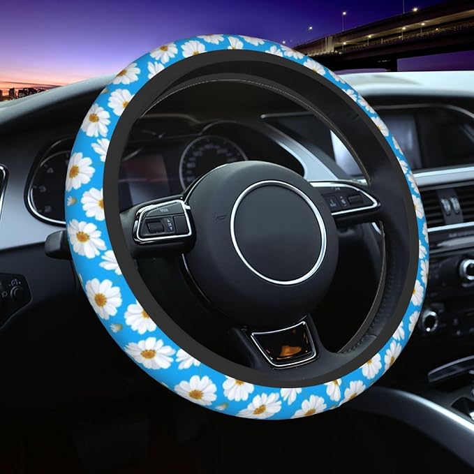 Daisy Steering Wheel Cover Daisy Blue Steering Wheel Cover Anti-Slip Breathable 15 Inch Universal 2 Pcs Car Interior Cup Holder Pad for Men Women
