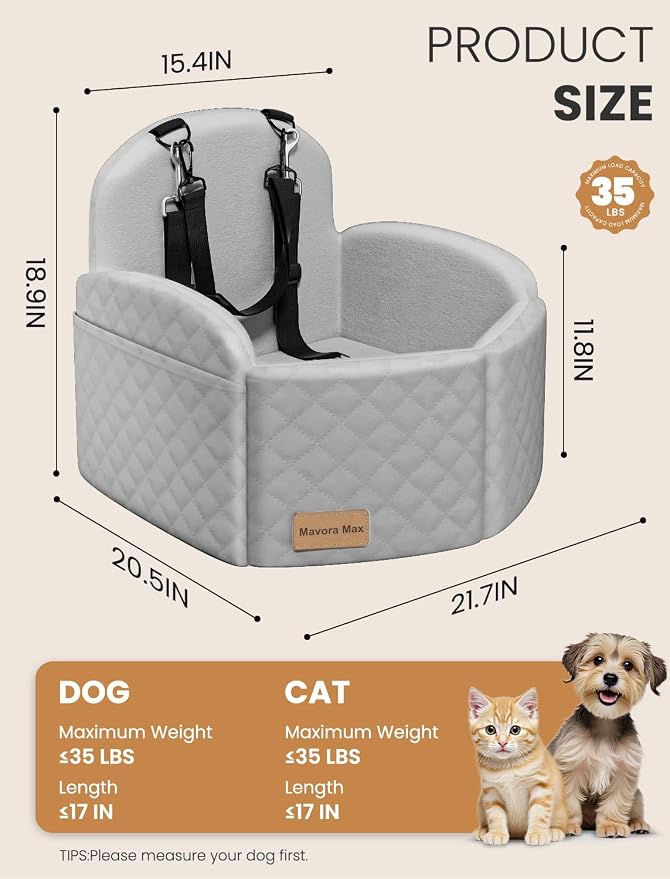 Dog Car Seat for Small/Medium Dogs, Elevated Dog Booster Seat Memory Foam Puppy Car Seat with Washable Cover, Travel Safety Pet Seat for Car with Storage Pockets Up to 35 lbs (Grey)