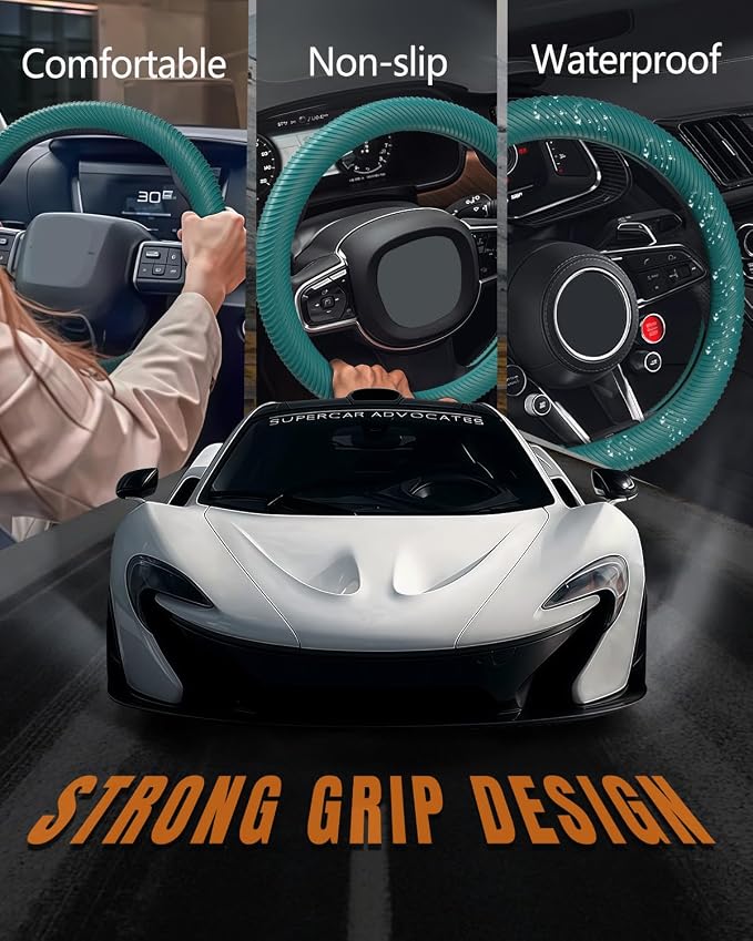 Car Steering Wheel Cover, Thin Anti-Skid Silicone Steering Wheel Cover for Men & Women, Universal Automotive Interior Accessories for Most Cars (Dark Green)