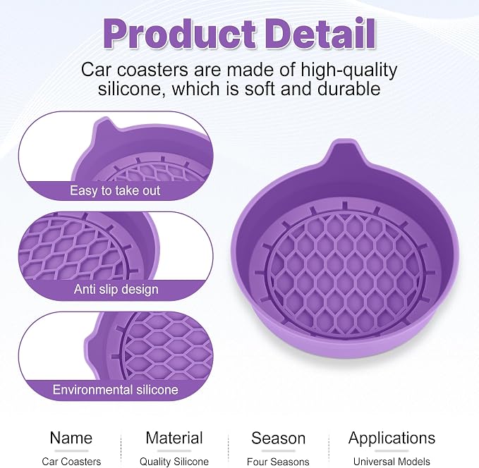 Car Cup Holder Coaster, Silicone Cup Holder Insert, Universal Non-Slip Cup Holders, Car Accessories Interior for Women and Man 4 Pack Light Purple