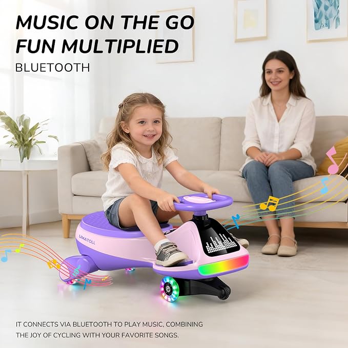12V Electric Wiggle Car for Kids with Pedal, Display, Rechargeable Battery, LED Light, Bluetooth, Light-Up Wheels, Anti-Rollover, 2 Speeds, Ride on Toys, Birthday Gifts for Age 3+, 150Lbs