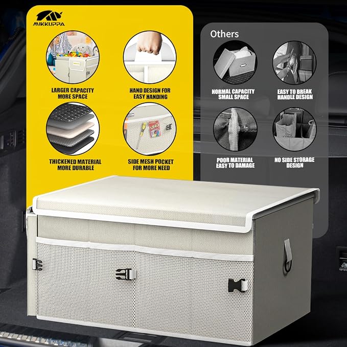 Car Trunk Organizer - 65L Collapsible Trunk Organizer with Lid, Sturdy Car Storage for SUV Auto Truck Van with Adjustable Straps and Non Slip Bottom (White)