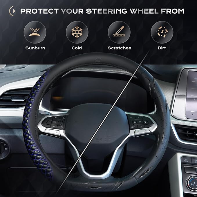 Coverado Nappa Leather Steering Wheel Cover Universal 14-15 Inch Anti-Slip Breathable Steering Wheel Protector Luxury Auto Decor for Men Women Blueline
