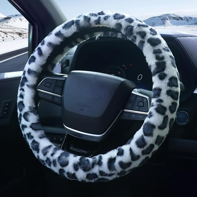 Plush Leopard Cheetah Steering Wheel Cover, 15 Inch Universal Fit, Soft Warm Winter Cover with Non-Slip Grip, Heat & Cold Protection Easy Install Fuzzy Cover for Car SUV Truck (Black White)