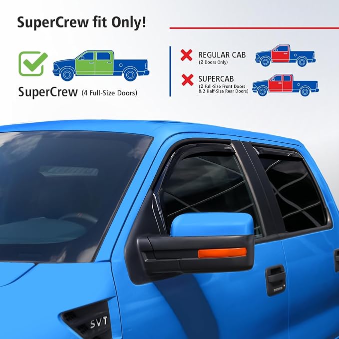 Goodyear Shatterproof in-Channel Window Deflectors for Ford F-150 SVT Raptor 2011-2014 SuperCrew, Rain Guards, Window Visors for Cars, Vent Deflector, Car Accessories, 4 pcs - GY007731