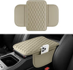 Car Center Console Cover, Leather Car Armrest Cushion with 2 Storage Pockets, Universal Waterproof Cushion Pad, Non-Slip Car Interior Accessories, Fits Most Sedans SUVs Trucks (Light Beige)