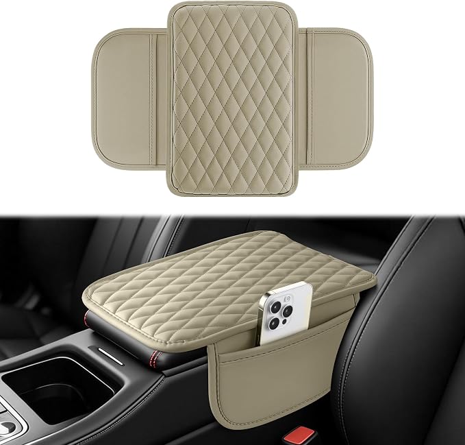 Car Center Console Cover, Leather Car Armrest Cushion with 2 Storage Pockets, Universal Waterproof Cushion Pad, Non-Slip Car Interior Accessories, Fits Most Sedans SUVs Trucks (Light Beige)