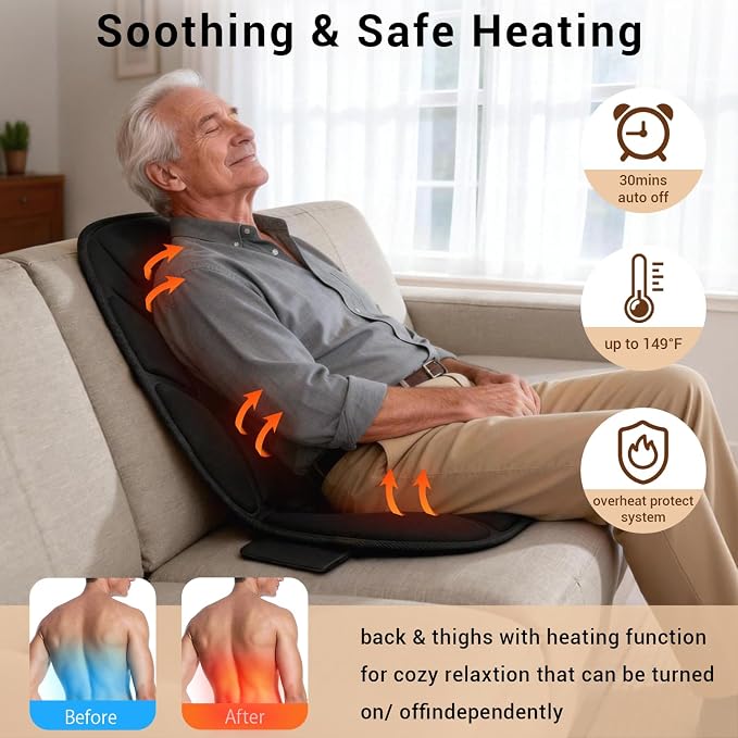 Massage Chair Pad with Full Back Thighs Heat | Back Massager for Chair with 3 Heating Pads 6 Vibrating Motors, Massage Seat Cover for Home Office, Heated Seat Cover Warmer