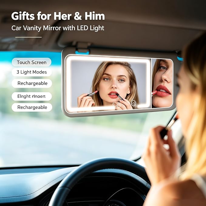 LED Car sun visor vanity mirror, equipped with 3x magnifying glass and three-color adjustable brightness soft light makeup LED mirror, rechargeable, suitable for all models(Black)