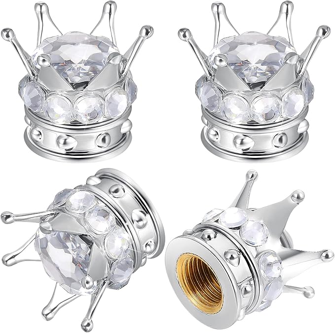 4 Pieces Crown Tire Valve Stem Caps Bling Handmade Crystal Rhinestone Universal Chrome Crown Vehicle Car Tire Caps Covers, Attractive Accessories for Car (White)