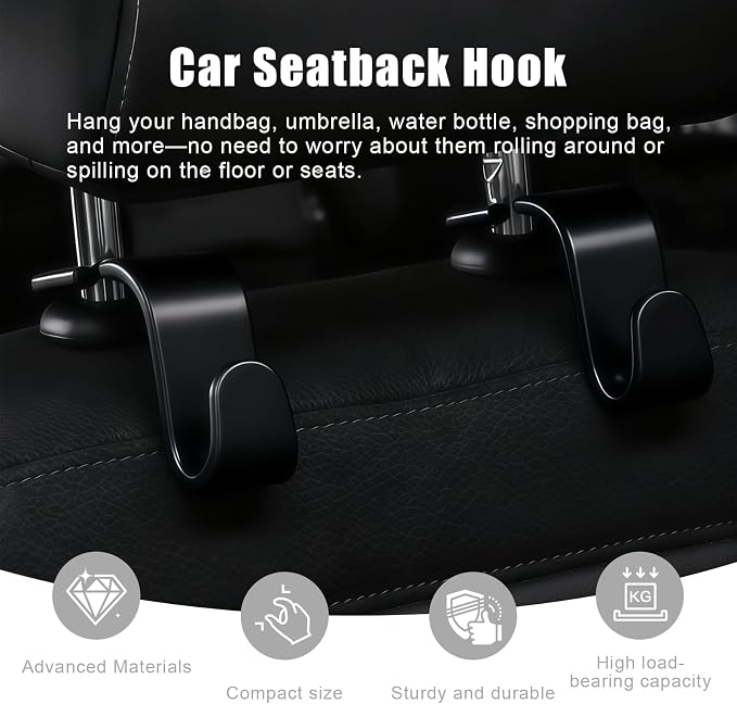 Purse Hook for Car, 4 PCS Car Purse Hook Headrest Hooks, 360° Rotatable Back Seat Storage Organizer, Universal Vehicle Seat Hanger for Purses, Handbags, Grocery Bags, Water Bottles, Black