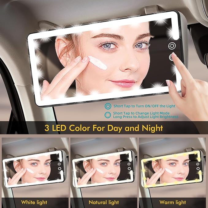 Car Sun Visor Vanity Mirror with Lights, Rechargeable LED Car Visor Makeup Mirror with 3 Color Dimmable Lights - Universal Accessories for Cars, SUVs, Trucks (Black)