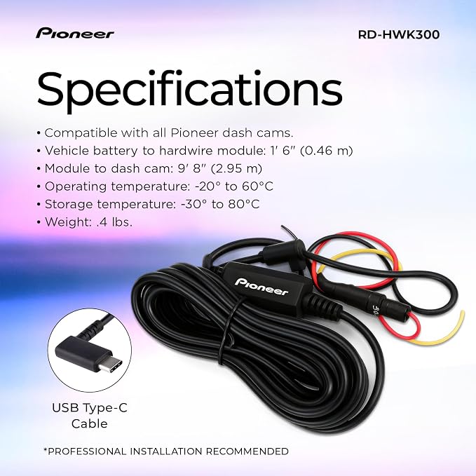 RD-HWK300 USB-C Hardwire Kit for Compatible Dash Cams – 12-24V to 5V with Low Voltage Protection, Fuse Safety, Parking Mode Support for Continuous Recording