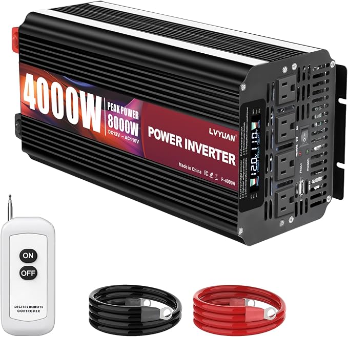 4000 Watt Power Inverter 12V to 110V 120V for Vehicle, Solar Inverter System, Heavy Duty, RV, Truck, Off Grid,Camping with 4 AC Outlets, LCD Display, Wireless Remote Control, Car Power Inverter
