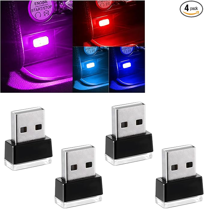 4 PCS USB LED Car Interior Atmosphere Lamp, Plug-in USB Decor Night Light, Portable Auto Ambient Lighting Kit, Universal Vehicle Interior Accessories for Most Cars (Blue+Ice Blue+Red+Purple)