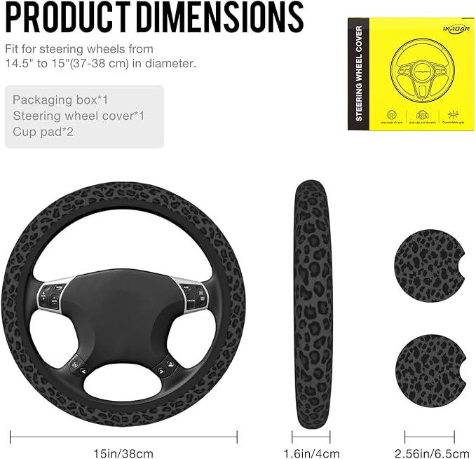 Black Leopard Print Steering Wheel Cover for Women, Universal Fit 14.5-15 Inch with Non-Slip Grip and Thermal Control, Includes 2 Ceramic Absorbent Cup Coasters, Compatible with Cars, SUVs, Trucks.