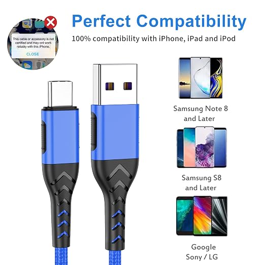 USB C Charger Cable, Upgarded 2Pack 10ft Fast Charging 10 Feet USB Type C Charging Cord Cable, 10 Foot Type C Charger Braided USB Cable Compatible with iPhone 15/Pro/Plust/Max-Blue