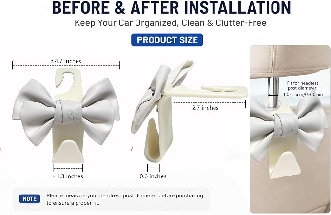 2 Pack Car Purse Hooks, Cute Bow Car Seat Headrest Hook Hanger for Purses and Bags.(white)