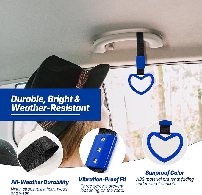 2 Pcs Heart Shaped Car Handle Strap – JD M Drift Charm Rear Bumper Warning Ring Decor for Car Interior Exterior, Subway Bus Handle Accessory, Cute Heart Car Decor Gift for Drivers (Blue)
