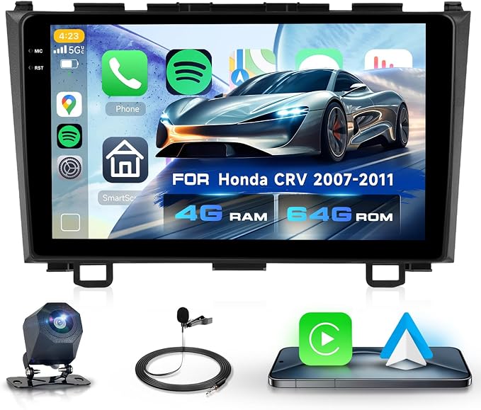 4G+64G Car Radio for Honda CRV 2007-2011, 9 inch Incell Touch Screen Radio for CRV, Wireless Carplay Android Auto, Backup Camera, 5GWiFi GPS Bluetooth FM EQ SWC