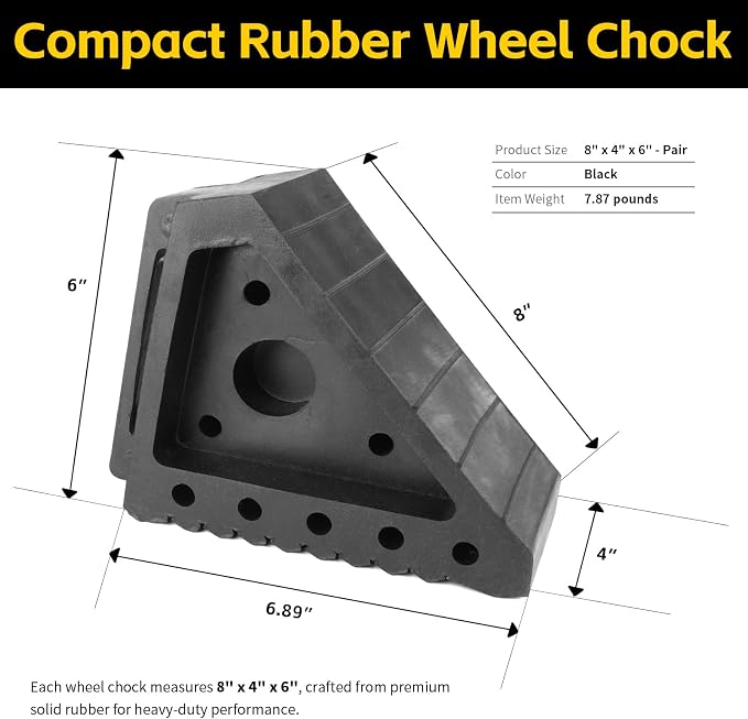 Solid Rubber Wheel Chock 2-Pack | 8" x 4" x 6" Heavy-Duty Tire Stop | Non-Slip Traction Pads | Built-in Handle | All-Weather Vehicle Safety Block | Black | (70472)