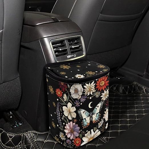 Butterfly Daisy Moon Print Car Trash Can with Lid, Leak Proof Auto Trash Bag Hanging Vehicle Garbage Can Multipurpose Storage Container for Back Seat Road Trip