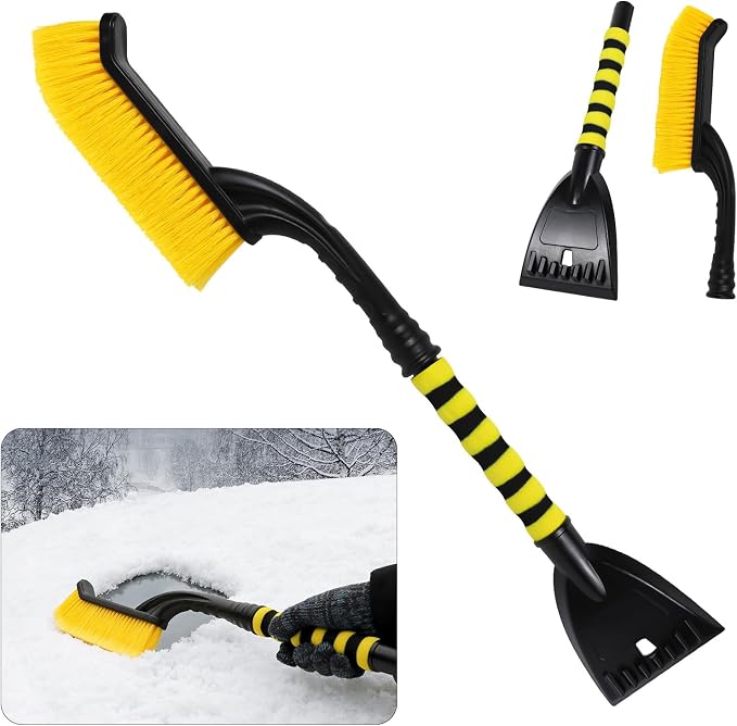 26" Snow Brush & Ice Scraper for Car Windshield Window, 2-in-1 Detachable Snow Removal Scraper, Scratch Free Snow Removal Tool with Ergonomic Foam Grip, Winter Car Accessories (Yellow)