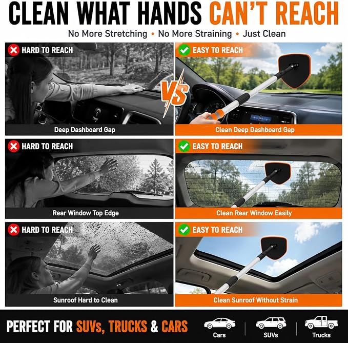 XINDELL Windshield Cleaner Tool, Extendable Car Window Cleaning Kit with 360° Rotating Head, Interior Exterior Glass Cleaner for Cars Trucks SUVs, 10PCS with 3 Pads, Towels, Brushes & Bag | 360° Head, Extendable Handle, 3 Pads, 2 Brushes, 3 Towels, Spr...