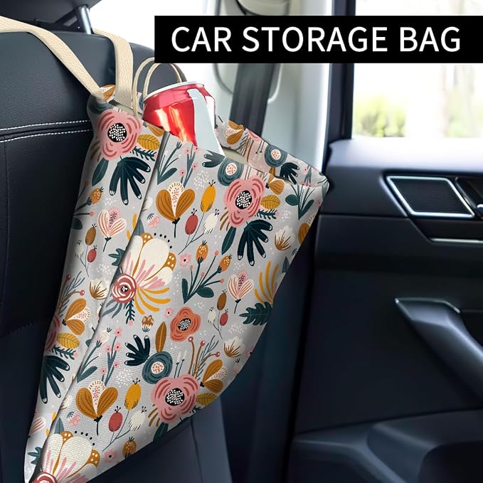 Car Trash Can, Cute Car Trash Bag, Hanging Car Organizer and Storage Bag, Trash Bin for Car Accessories, Vehicle, Travelling, Camping Cute Blue Flowers