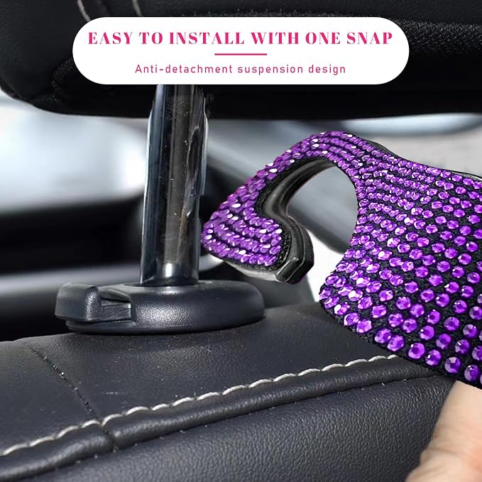 2 PCS Bling Car Seat Headrest Hooks, Crystal Rhinestone Back Seat Hanging Storage Organizer, Auto Purse Bags Hanger, Universal Vehicle Interior Accessories for Women Girls (Purple)