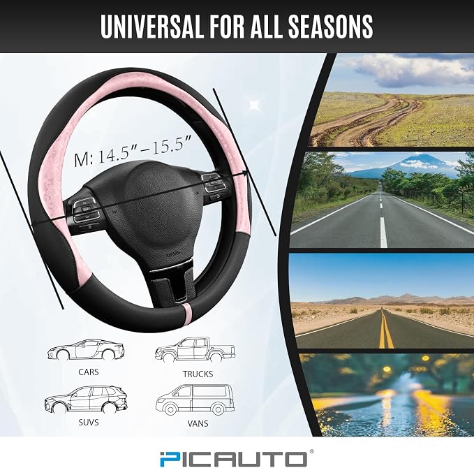 Steering Wheel Cover, Pink Patterned & Black Leather Patchwork Design, Universal Fit 14.5"–15.5", Anti-Slip, Odor-Free, Soft PU Grain Leather, Durable Grip Car Accessory for Girls & Women
