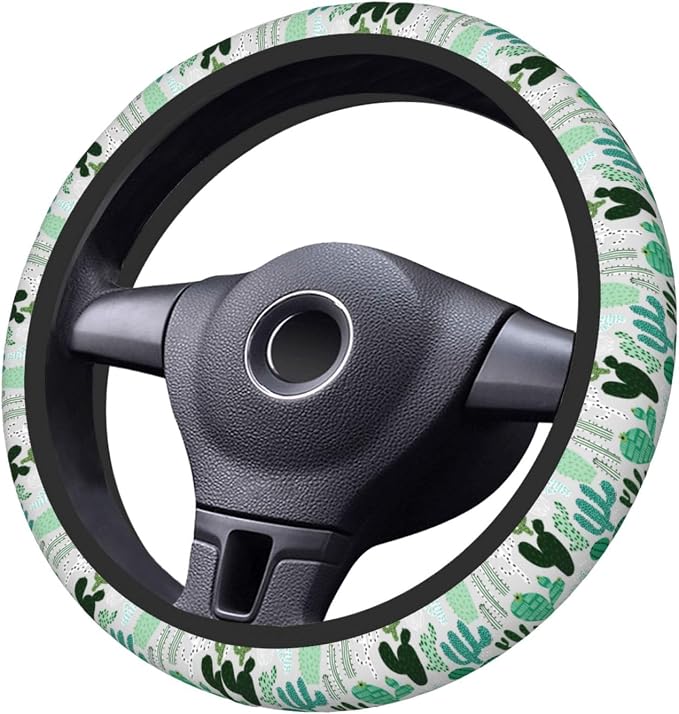 Cactus Steering Wheel Cover Anti-Slip and Practical 14.5-15 Inch Universal Car Steering Wheel Cover with 2 Pieces Car Coasters Suitable for Men Women