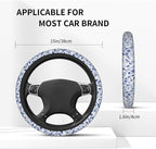 Blue Flowers Steering Wheel Cover 3Pcs Set 15" +2 Car Floral Coasters | Anti-Slip Breathable Neoprene, Universal 15" Fit, Blue Floral Pattern, Car Interior Decor, Cute for Men Women