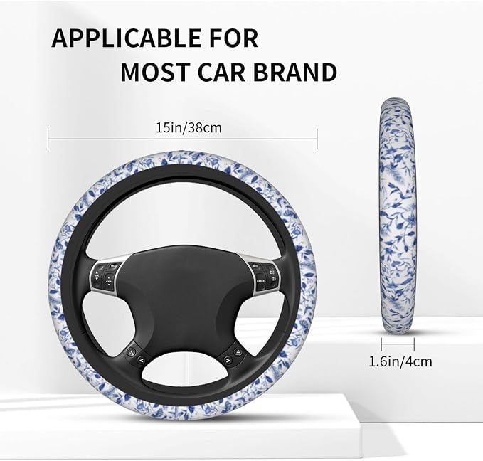Blue Flowers Steering Wheel Cover 3Pcs Set 15" +2 Car Floral Coasters | Anti-Slip Breathable Neoprene, Universal 15" Fit, Blue Floral Pattern, Car Interior Decor, Cute for Men Women