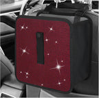 Car Foldable Trash Can, Bling Rhinestone Oxford Garbage Container Hanging Waterproof Organizer, Mini Crystal Dustbin Waste Basket Leakproof Trash Bin for Car Office Kitchen (Red)
