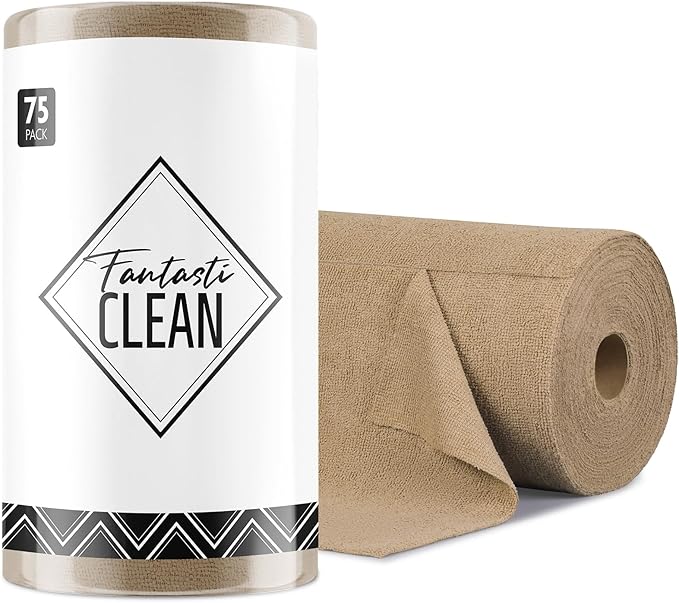 Microfiber Cleaning Cloth Roll- 75 Sheets, 12" x 12" (TAN) | Super Absorbent, Lint-free, Tear-away Microfiber Towel Roll, for All-Purpose Cleaning