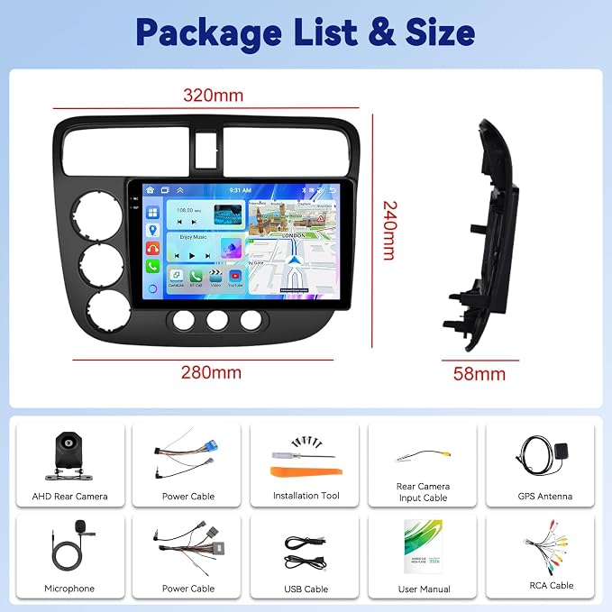 【4+64G】Android 15 Car Stereo for Honda Civic 2001-2005 with Wireless Carplay Android Auto, 9" 1280 * 720P IPS Touchscreen Bluetooth-5.0 Car Radio Support GPS WiFi FM/RDS 32-EQ DSP AHD Rear Camera SWC