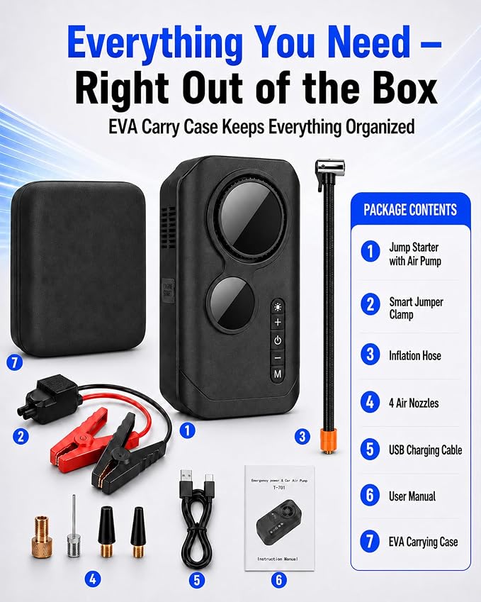 9000A Jump Starter with Air Compressor, 12V Battery Jump Box with Air Pump | Portable Car Battery Jump Starter and 150PSI Tire Inflator with 8000mAh Power Bank, LED Light, Dual LCD Screen and EVA case