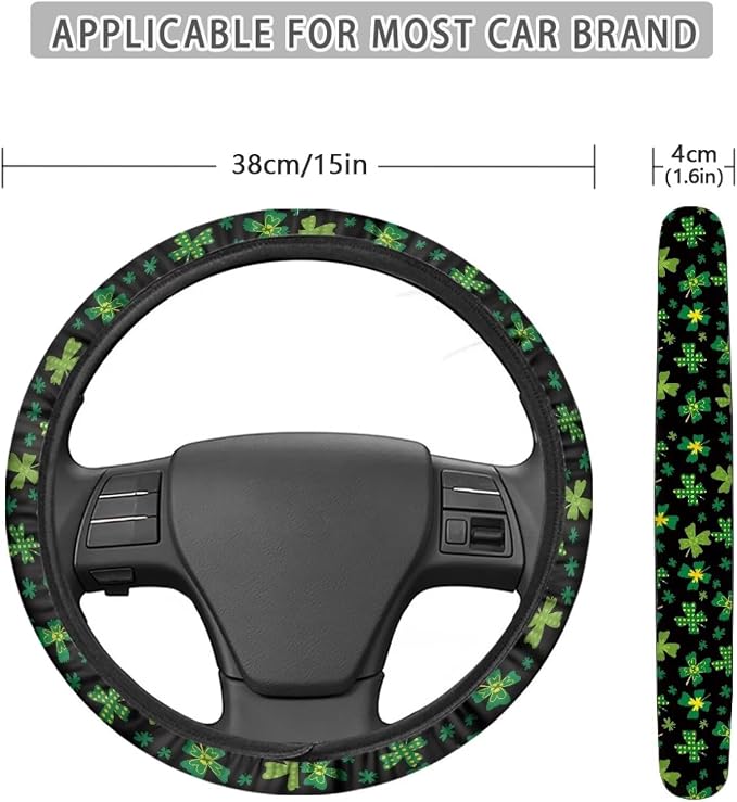 Car Steering Wheel Cover St.Patrick's Day Shamrock Green Pattern Car Wheel Cover Protector Steering Wheels Accessories Easy to Install Car Decoration Fit Most Car Truck SUV Van