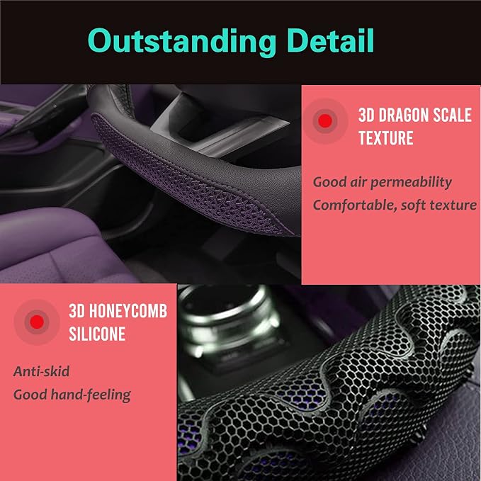D Shaped 14 Inch Small Sized Steering Wheel Cover Great Grip with 3D Honeycomb Anti-Slip Design, Flat Bottom 14 Inch (Purple)
