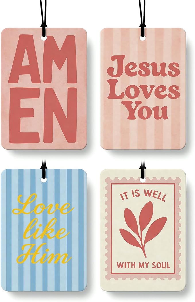 Pink Boho Christian Car Air Freshener 4 Pcs Coconut Scented, Jesus Loves You Car Accessories Mirror Decor, Inspirational Religious Hanging Air Freshener for Cars Closet Drawer Books Kids Room